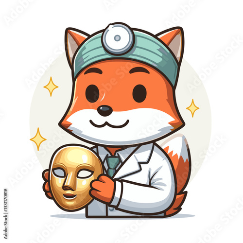 Fox doctor examining golden mask. Vector illustration ideal for financial health checkups, wealth preservation and investment wellness concepts.