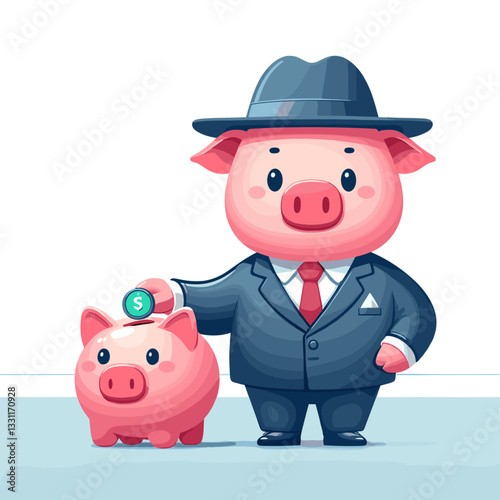 Businessman pig adding coin to piggy bank. Vector illustration ideal for personal savings, financial discipline and budgeting strategy concepts.