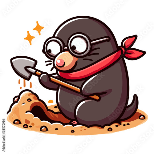 Mole digging for gold coins with shovel. Vector illustration perfect for resource discovery, unexpected wealth and underground treasure concepts.