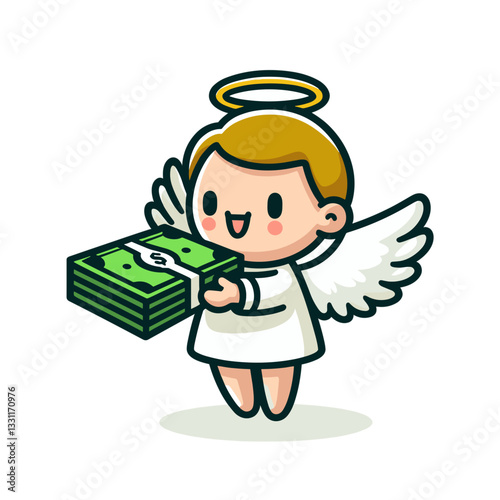 Cute angel character holding stack of money. Vector illustration perfect for financial blessing, divine abundance and unexpected wealth concepts.