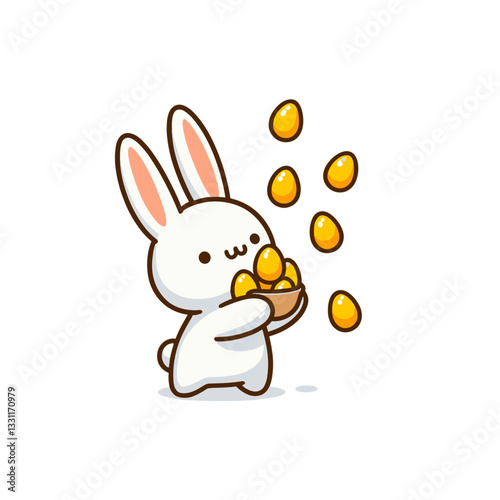Bunny catching gold coins falling from carrot. Vector illustration representing reward harvesting, financial incentives and value creation from resources concepts.