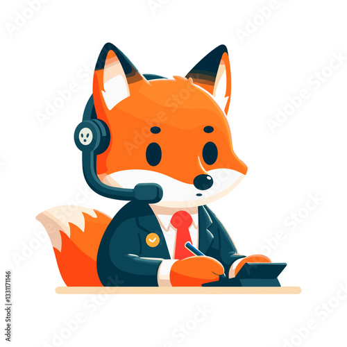 Fox customer service representative with headset. Vector illustration representing financial support, investment assistance and business communication concepts.