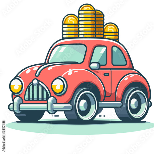 Vintage car carrying gold coin stacks on roof. Vector illustration perfect for wealth transportation, investment vehicles and portable asset concepts.