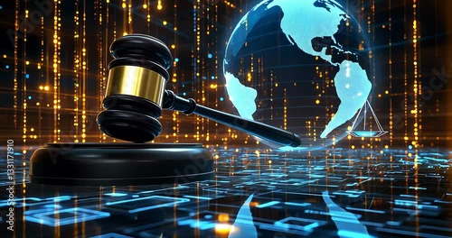 Global digital justice; gavel, scales, Earth on technology background
