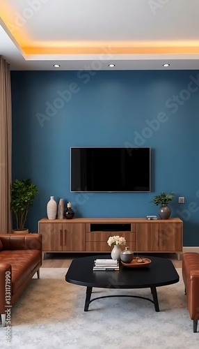 Blue Wall Living Room Leather Sofa