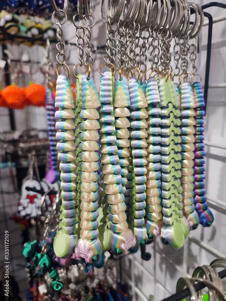 Fototapeta premium Objects keychains in form of caterpillar, models of toys printed on 3D printer from multi-colored molten plastic hanging on chain. Concept 3D Printing. Modern 3D Printing additive technology.