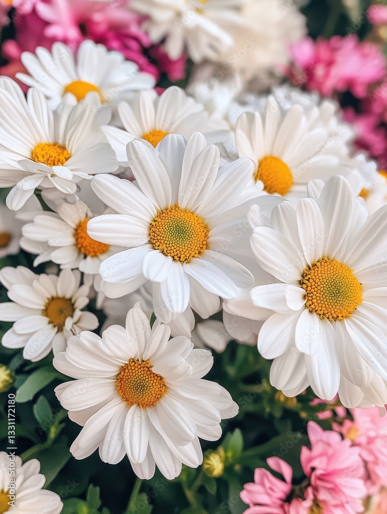 Obraz premium A Vibrant Display of White Daisies with Yellow Centers Surrounded by Colorful Flowers in a Lush Garden Setting, Perfect for Nature Enthusiasts and Flower Lovers