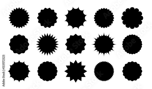 Star round sticker tag icon shape pack. Circle starburst label shape for promo, sale, price offer badge sticker. Round tag shape vector icon. Sale, promo label color design. Vector illustration