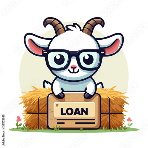 Goat with glasses sitting on loan box and hay. Vector illustration perfect for agricultural financing, farm credit systems and rural lending concepts.
