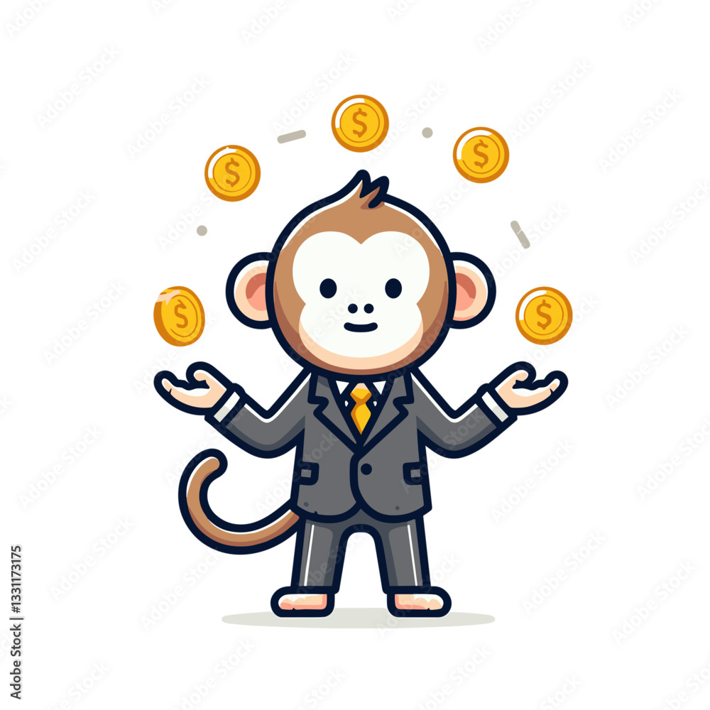 Business monkey juggling gold coins in suit. Vector illustration perfect for financial balancing, investment diversification and wealth management concepts. Business monkey juggling gold coins in suit. Vector illustration perfect for financial balancing, investment diversification and wealth management concepts.
