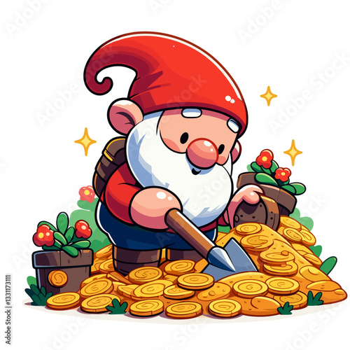 Gnome counting gold coins with treasure chest. Vector illustration perfect for wealth protection, hidden fortune and mythical financial treasure concepts.