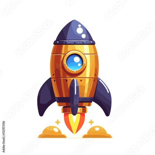 Rocket ship with dollar window launching upward. Vector illustration representing startup funding, investment liftoff and financial venture acceleration concepts.
