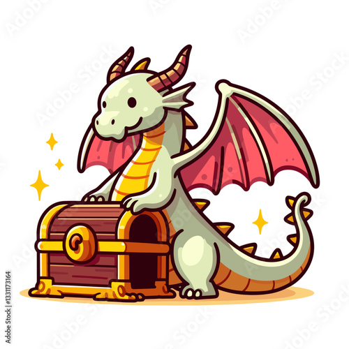 Dragon guarding treasure chest with gold coins. Vector illustration representing wealth protection, valuable asset security and mythical financial guardianship concepts.