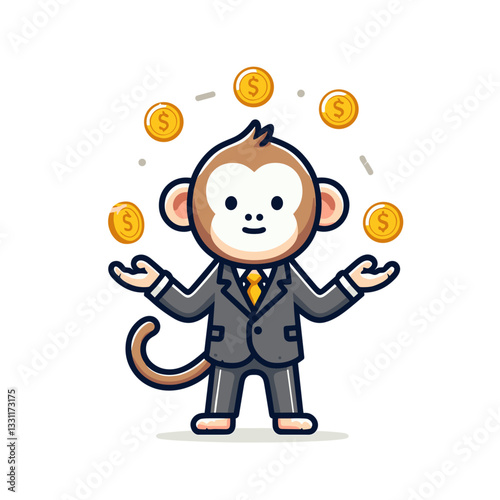Business monkey juggling gold coins in suit. Vector illustration perfect for financial balancing, investment diversification and wealth management concepts.