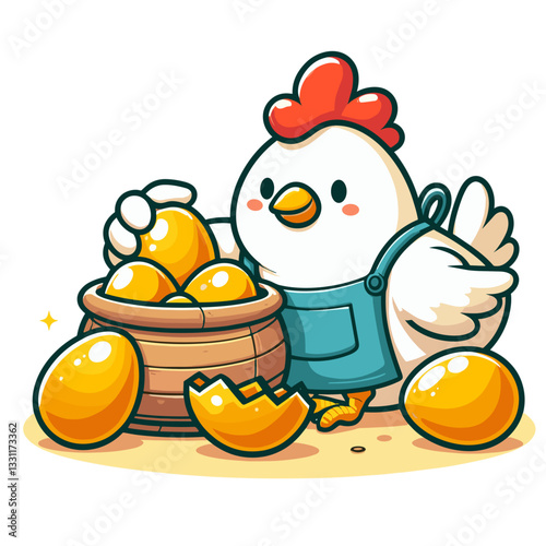 Hen farmer with golden eggs in basket and overalls. Vector illustration ideal for agricultural wealth, valuable production and farming investment concepts.