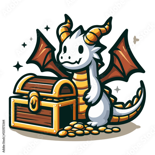 Baby dragon with open treasure chest of gold. Vector illustration perfect for wealth discovery, hidden fortune and valuable financial treasures concepts.