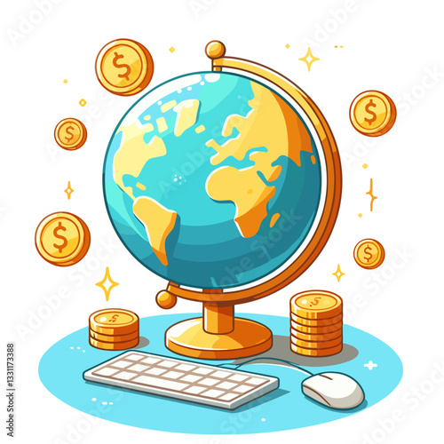 Globe surrounded by gold coins with computer keyboard. Vector illustration representing global finance, international investments and worldwide digital economy concepts.