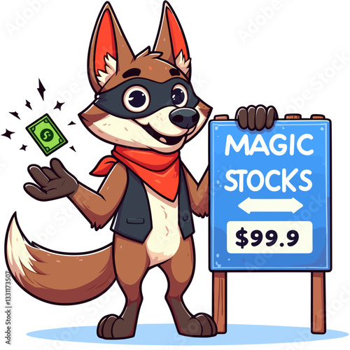Wolf promoting magic stocks with dollar bill. Vector illustration representing stock scams, questionable investments and market manipulation warning concepts.