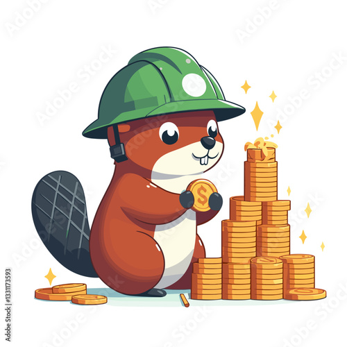 Beaver builder constructing coin tower with helmet. Vector illustration ideal for wealth building, financial construction and investment foundation concepts.
