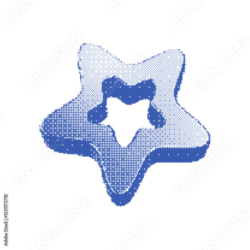 3D shape of Star in Dither halftone dot texture. Vector isolated element on transparent background with Pixelated bitmap texture. Vector playful design for banner, poster, leaflet in y2k aesthetic