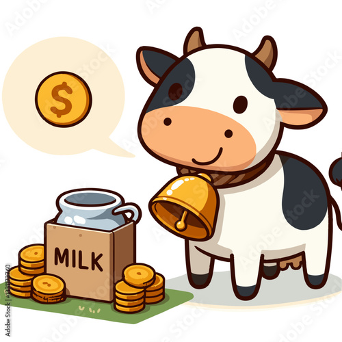 Dairy cow with milk can and gold coins. Vector illustration representing agricultural commodities, dairy industry profits and farm product value concepts.