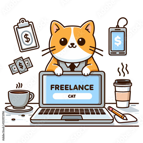 Freelance cat working at laptop with coffee and phone. Vector illustration ideal for independent business, remote work economy and digital entrepreneur concepts.