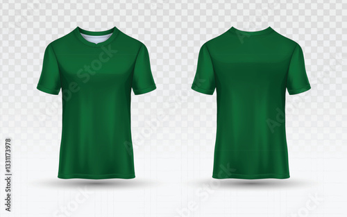 Green t-shirt vector, front and back view, realistic 3D mockup. Short sleeves, round neck. Folded, draped fabric effect with shadows and highlights. Transparent background with subtle shadow. 