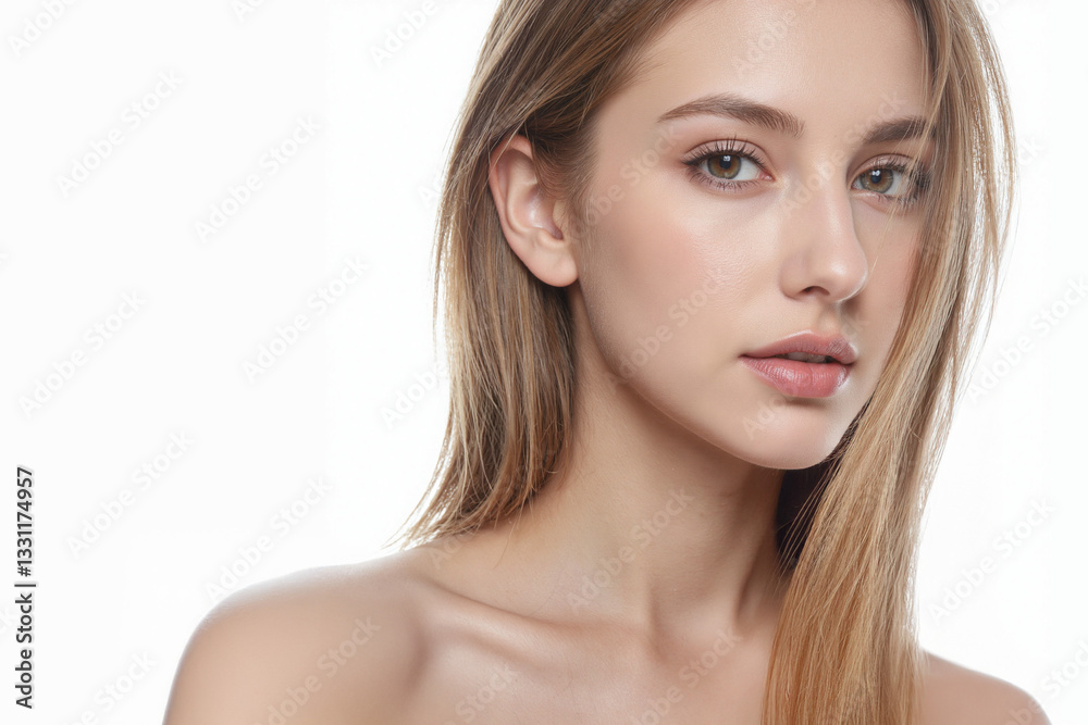 Closed-up face of beauty skin woman with silk hair and bare shoulder on white background, Free space for text, Cosmetic ads.
Closed-up face of beauty skin woman with silk hair and bare shoulder on white background, Free space for text, Cosmetic ads.