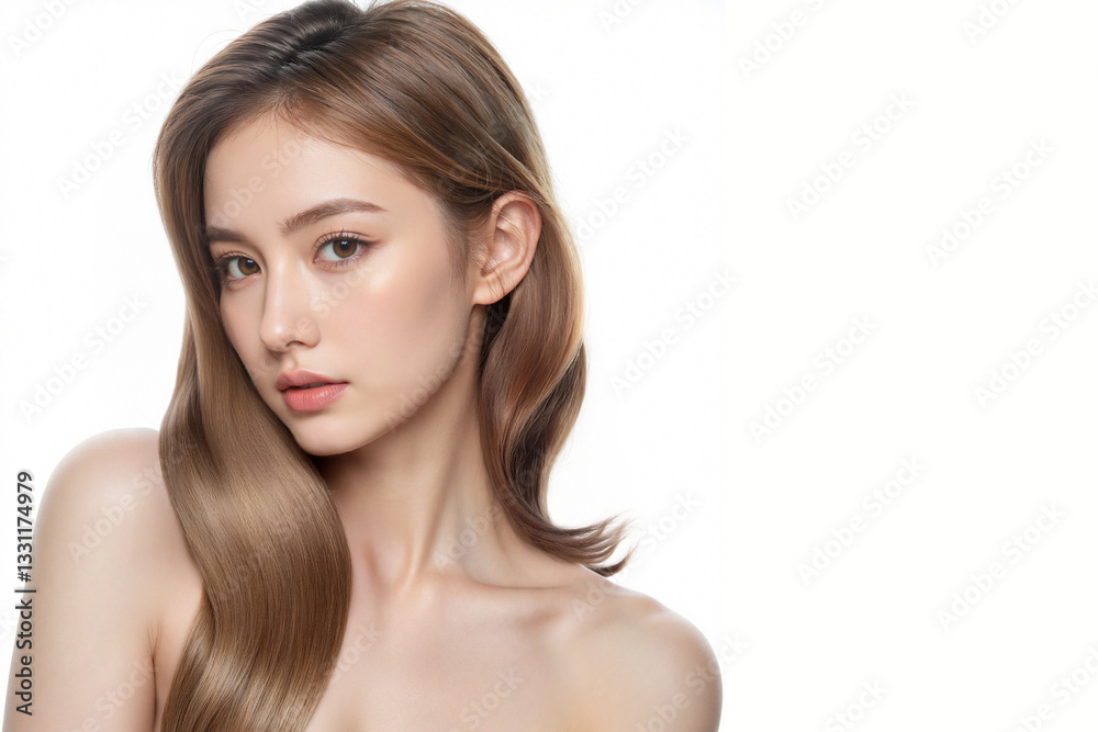 Closed-up face of beauty skin woman with silk hair and bare shoulder on white background, Free space for text, Cosmetic ads.
Closed-up face of beauty skin woman with silk hair and bare shoulder on white background, Free space for text, Cosmetic ads.