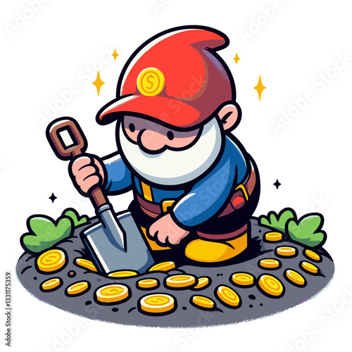 Gnome digging for gold coins with shovel. Vector illustration representing treasure hunting, hidden wealth and valuable resource discovery concepts.