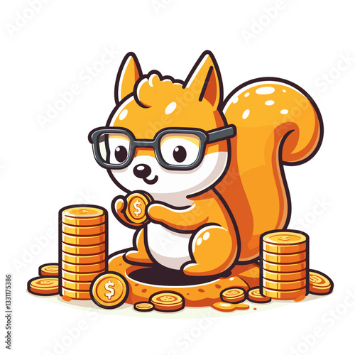 Squirrel accountant with glasses counting coins. Vector illustration ideal for financial planning, savings management and investment calculation concepts.