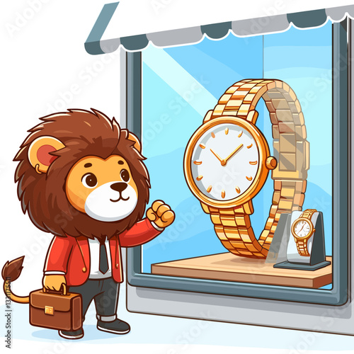 Lion shopper admiring luxury watch display. Vector illustration ideal for high-end retail, valuable timepiece investments and premium product commerce concepts.