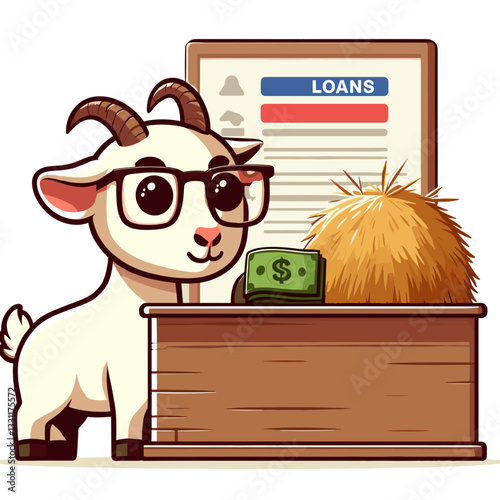 Goat loan officer at desk with money and paperwork. Vector illustration ideal for agricultural lending, farm credit and rural financial services concepts.