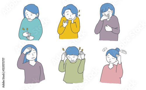 体の不調がある女性のイラストセット