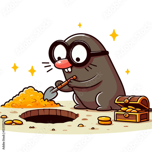 Mole digging for treasure with gold coins and chest. Vector illustration perfect for wealth discovery, hidden fortune and valuable resource excavation concepts.