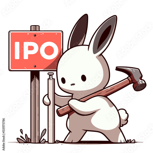 Bunny installing IPO sign with hammer. Vector illustration representing initial public offering, stock market launch and corporate fundraising concepts.