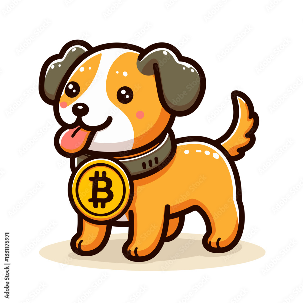 Fototapeta premium Golden retriever puppy with bitcoin medallion. Vector illustration perfect for cryptocurrency basics, blockchain introduction and digital asset concepts for beginners.
