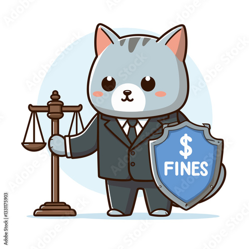 Cat judge with scales of justice and fine shield. Vector illustration representing financial penalties, legal monetary consequences and regulatory fee concepts.