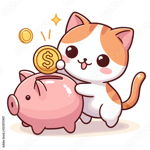 Cat putting coin into piggy bank. Vector illustration perfect for savings education, money management and personal financial habits concepts.