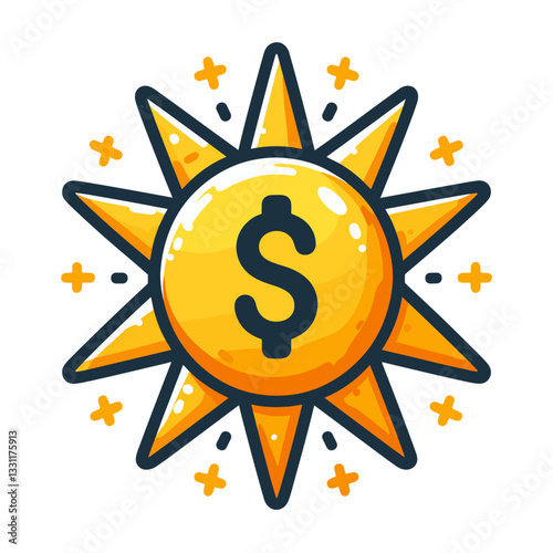 Dollar sign as bright sun with rays. Vector illustration ideal for financial prosperity, wealth illumination and monetary radiance concepts.