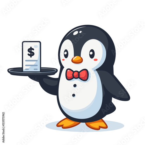 Penguin waiter serving bill on tray. Vector illustration ideal for hospitality finances, restaurant service charges and dining payment concepts.