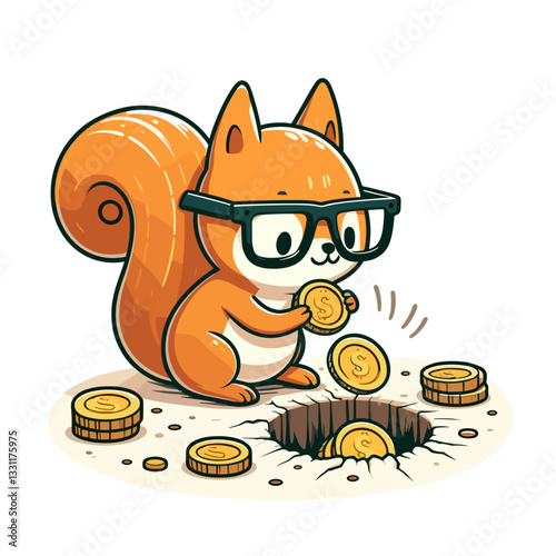 Squirrel with glasses burying gold coins. Vector illustration representing savings strategy, hidden wealth and investment preservation concepts.