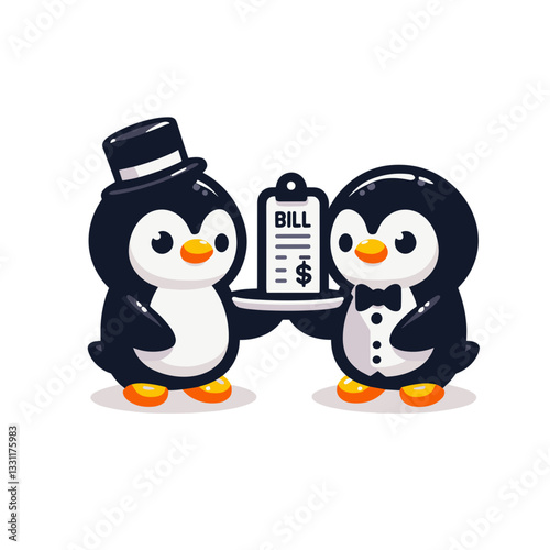 Penguin couple with formal wear and bill. Vector illustration perfect for shared finances, relationship economics and joint payment concepts.