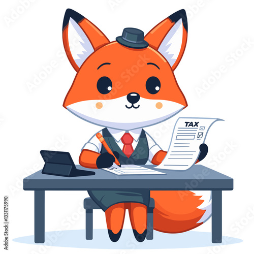 Fox accountant at desk with tax forms. Vector illustration representing tax preparation, financial compliance and business documentation concepts.