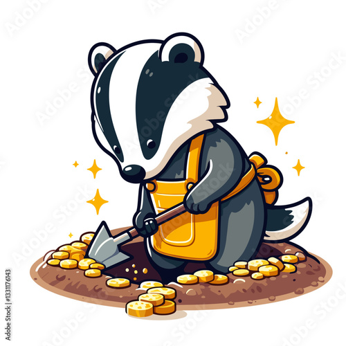 Badger miner digging for gold coins. Vector illustration perfect for resource discovery, wealth extraction and persistent financial exploration concepts.
