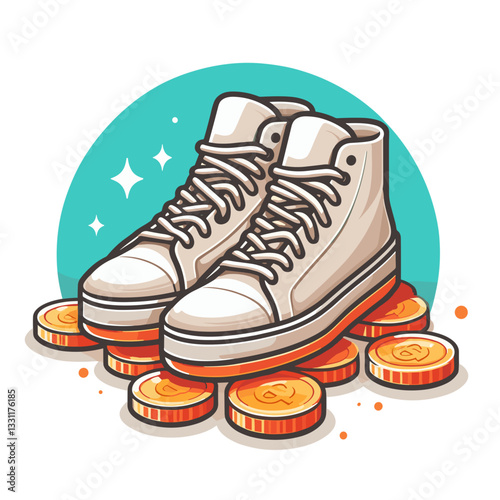 Sneakers standing on gold coins. Vector illustration representing fashion investments, footwear resale market and collectible shoe value concepts.