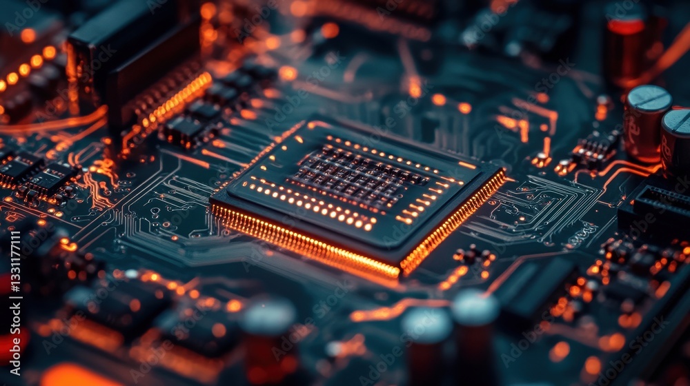Close-up of illuminated CPU on circuit board. Illustrates technology, computing power, and innovation.