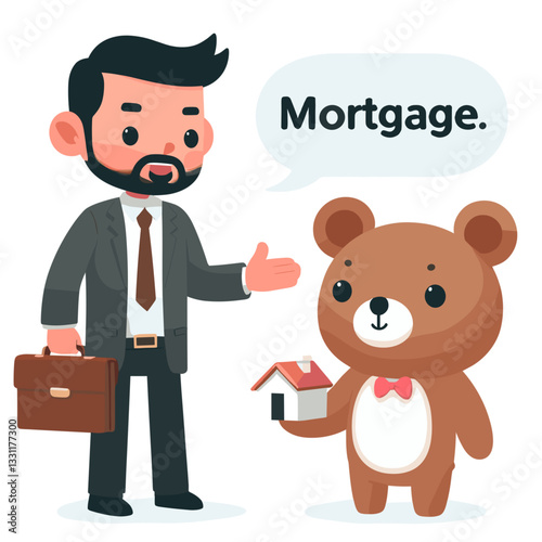 Businessman explaining mortgage to teddy bear. Vector illustration ideal for home loan education, property finance and real estate investment concepts.