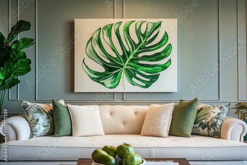 A hand-painted Monstera leaf on a canvas, hanging above a sofa.