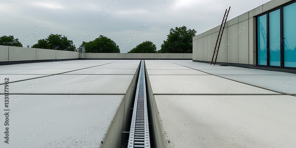 Fototapeta premium Modern Industrial Roof with Metal Drainage System, Architectural Detail of Contemporary Building, Waterproofing and Drainage Solution for Flat Concrete Roof Construction